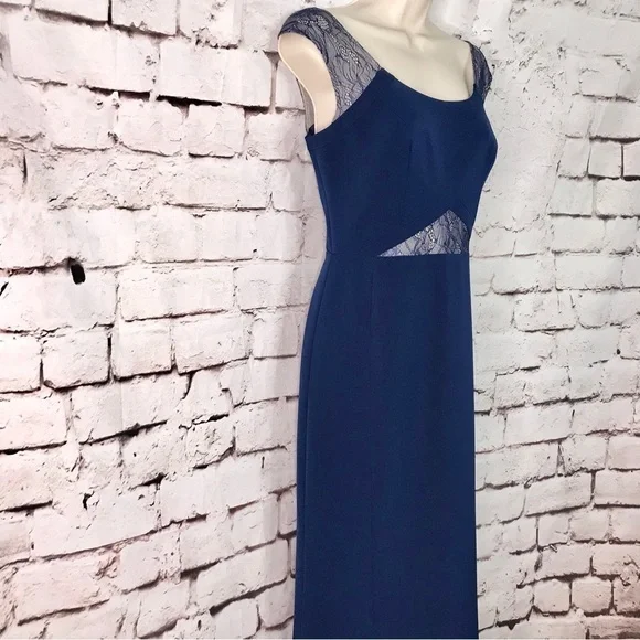 AIDAN MATTOX Lace inset cutout Navy Blue floor length gown Size 4 NEW WITH TAGS - Picture 11 of 15